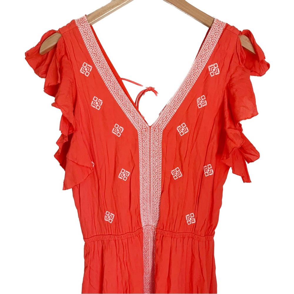 Moon River Anthropologie Embroidered Boho Midi Dress Flutter Sleeve Orange Med